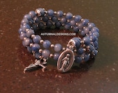 Rosary Wrap Bracelet, Blue Aventurine and Sterling Silver, leafy beadcaps
