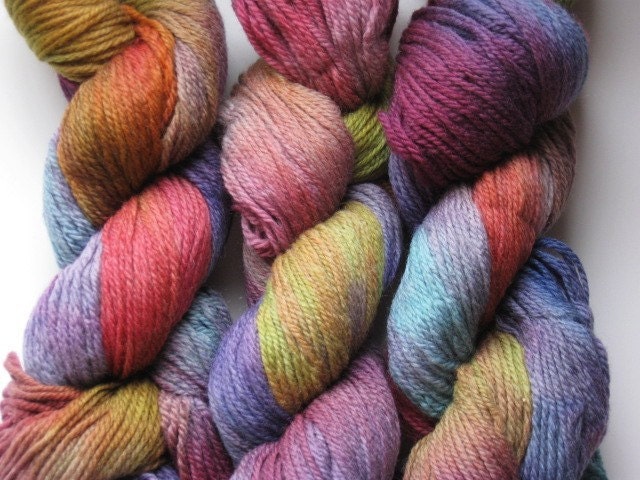 Hand dyed, worsted knitting yarn