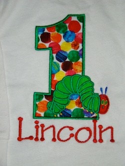Polka Dot Very Hungry Caterpillar Applique Number shirt for Birthday for Boy or Girl VHC