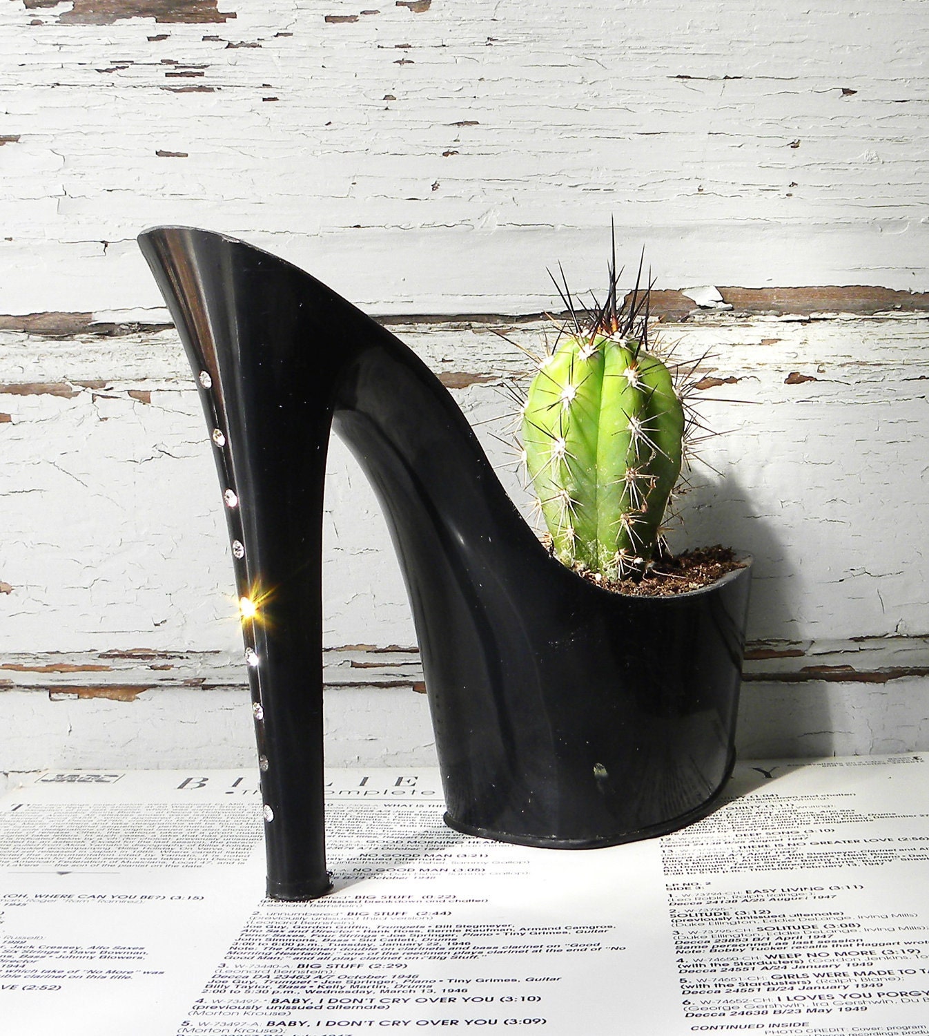 Drunk Girl. stiletto cactus planter. feminist art. reclaimed rhinestone high heel.