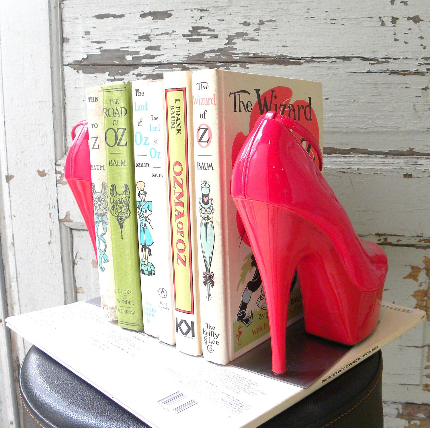bookends repurposed cherry red high heel platform pumps. sexy bibliophile. book lover gift.