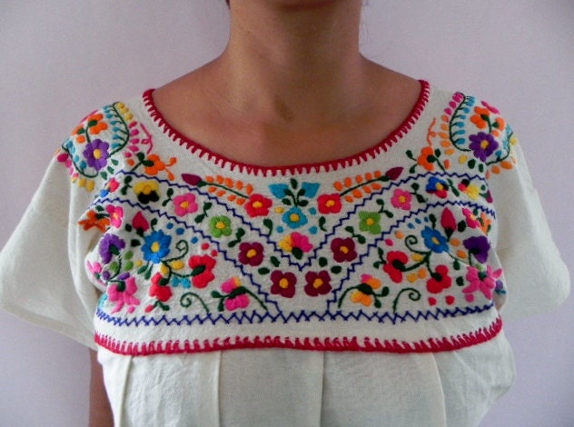 Mexican White Blouse Lovely Colorful Floral Embroidered Handmade Medium / Large - madeintechnicolor