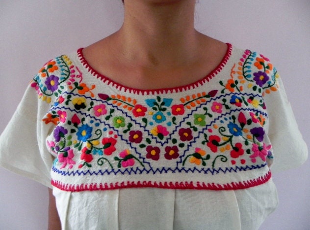 Mexican White Blouse Lovely Colorful Floral Embroidered Handmade Medium / Large