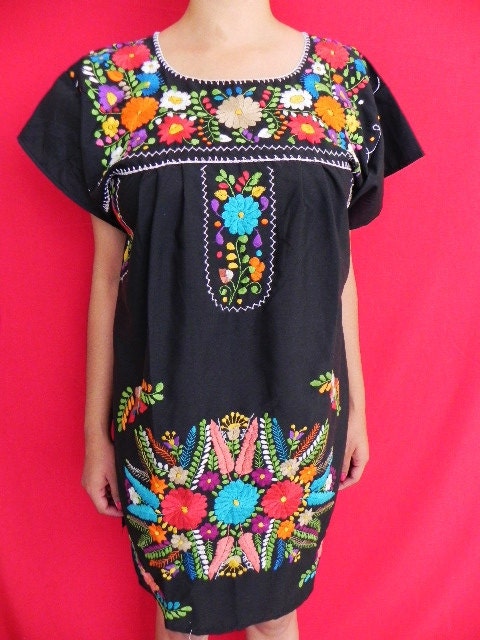 Mexican Mini Dress Lovely Colorful Floral Embroidered Handmade Medium / Large
