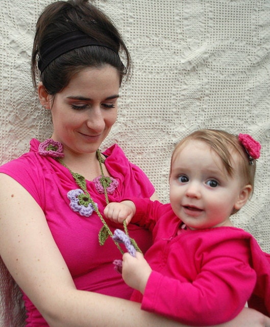 Crochet Breastfeeding Necklace - Pink Purple Flowers Nursing Necklace Womens Crochet Necklace