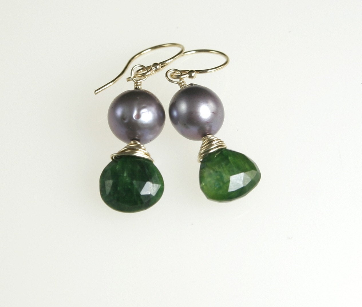 Emerald Earrings w Pearl  - Lilac, Gold and Green