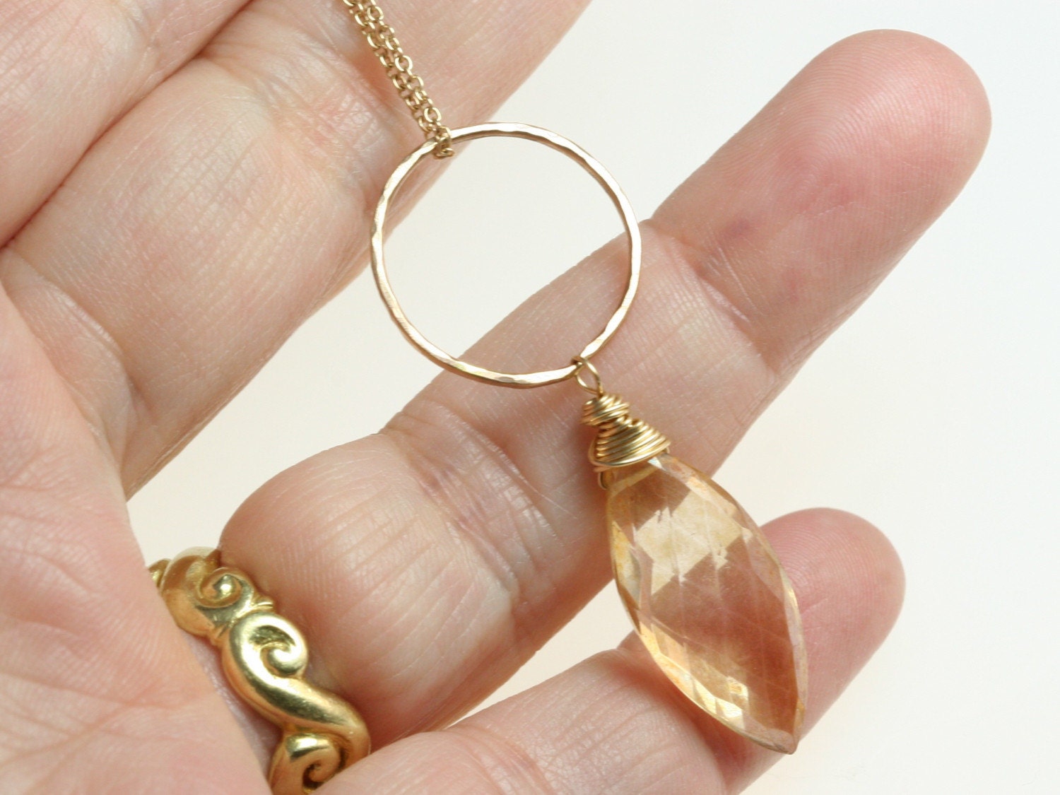 Mystic Quartz Pendant Marquise Gemstone in Amber Peach