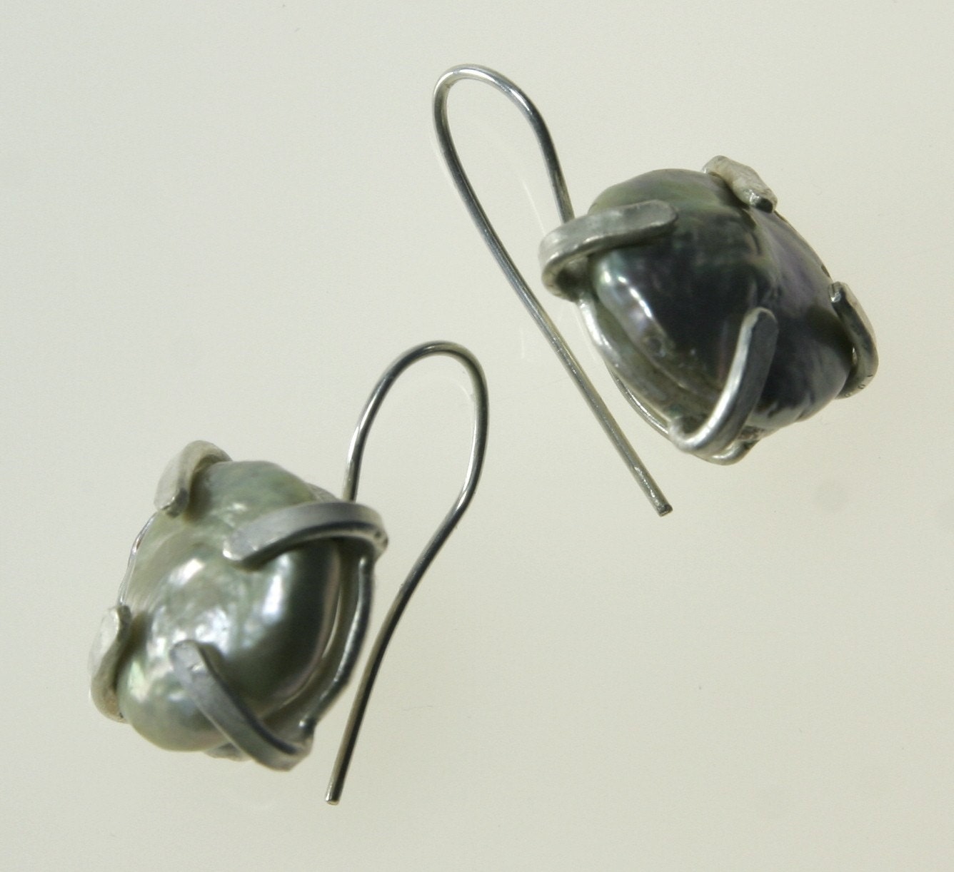 Silver Coin Pearl Earrings Hand Made Prong Setting in Sterling OOAK