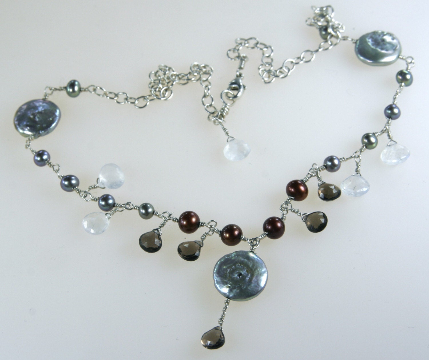 Pearl Necklace in Brown and Silver w Moonstone and Smoky Quartz