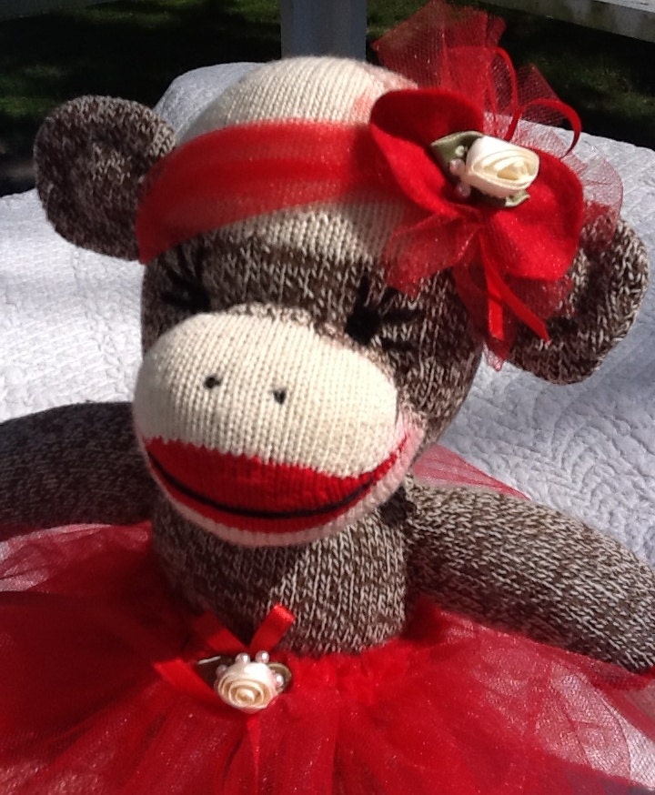 Sock Monkey Doll, Plush Toy in Red Tutu