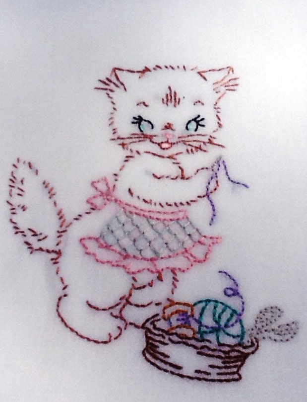 Embroidered Days of the Week Kitty Cats Floursack Kitchen Towels
