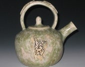 Light Green Beige Crystalline Glazed Griffin and Roses Stamped Porcelain Teapot