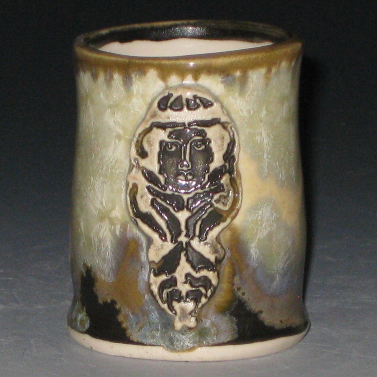 Pale Blue Gray Cream Crystalline and Black Glazed Porcelain Art Noueau Woman Shot Glass Small Tumbler Mouthwash