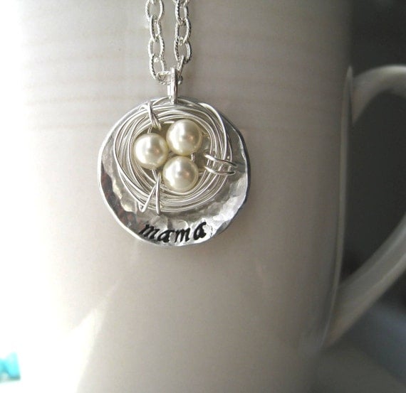 Sterling Silver Filled Nest Mother's Necklace  - Pearls Personalize children stamped stamp mom mother custom engraved personalized