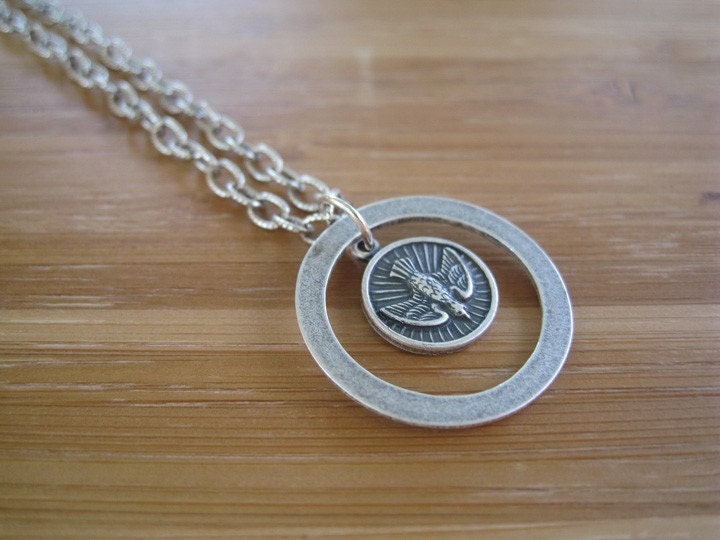 Bird Necklace - On Her Way Home Sterling Silver Bird Necklace with 1 inch Circle Pendant