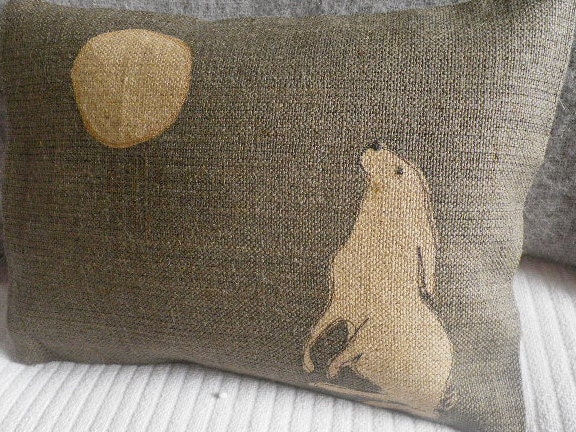 Hand printed new moon gazing hare cushion