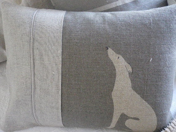 hand printed grey loom state linen whippet/grey hound cushion