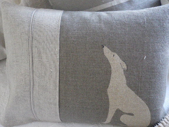 hand printed grey loom state  linen whippet/grey hound cushion