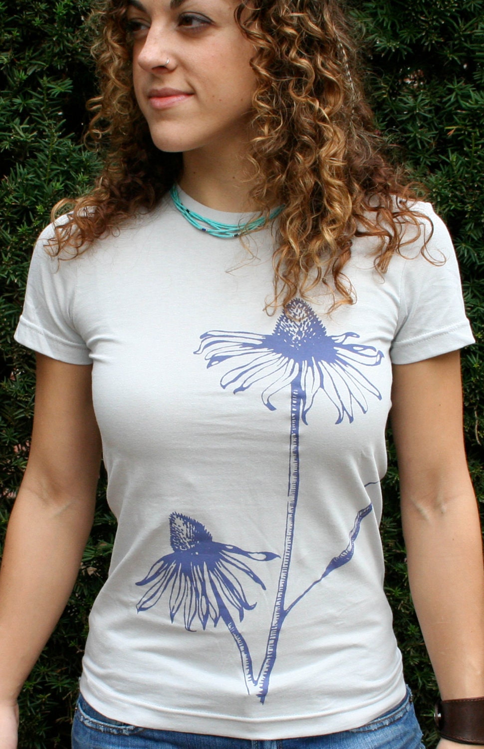 SALE CLEARANCE Echinacea Flowers Purple print on American Apparel New Silver Girl Tee