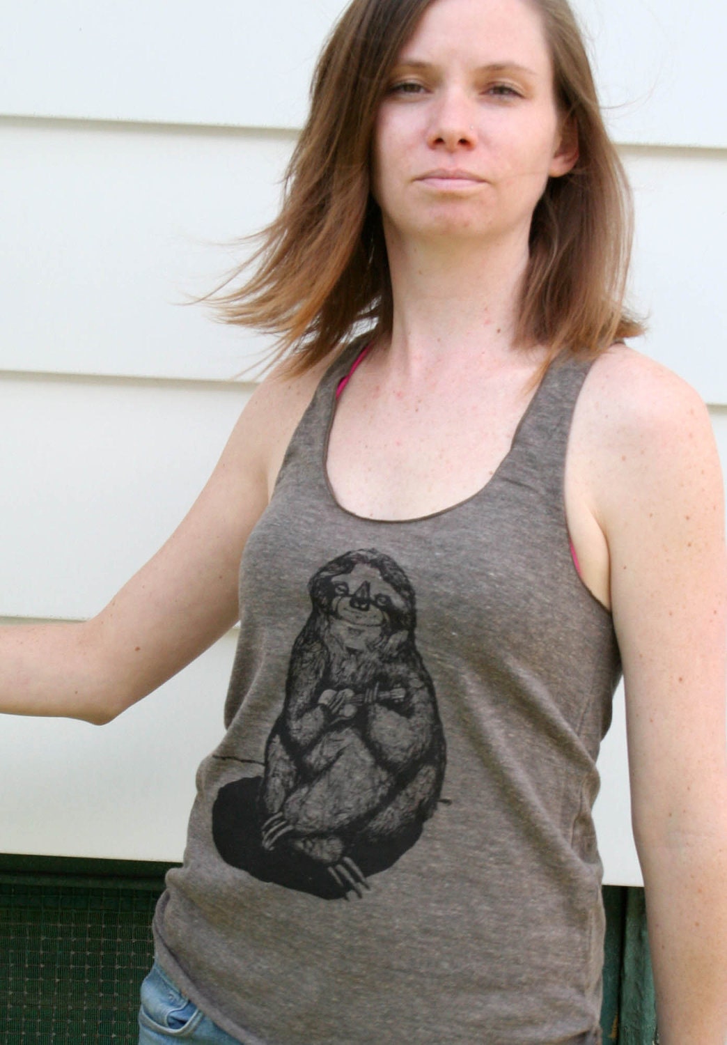 Sloth Playing the Ukulele Hand Drawn Design on American Apparel Tri-Coffee RacerBack Tank  for Women