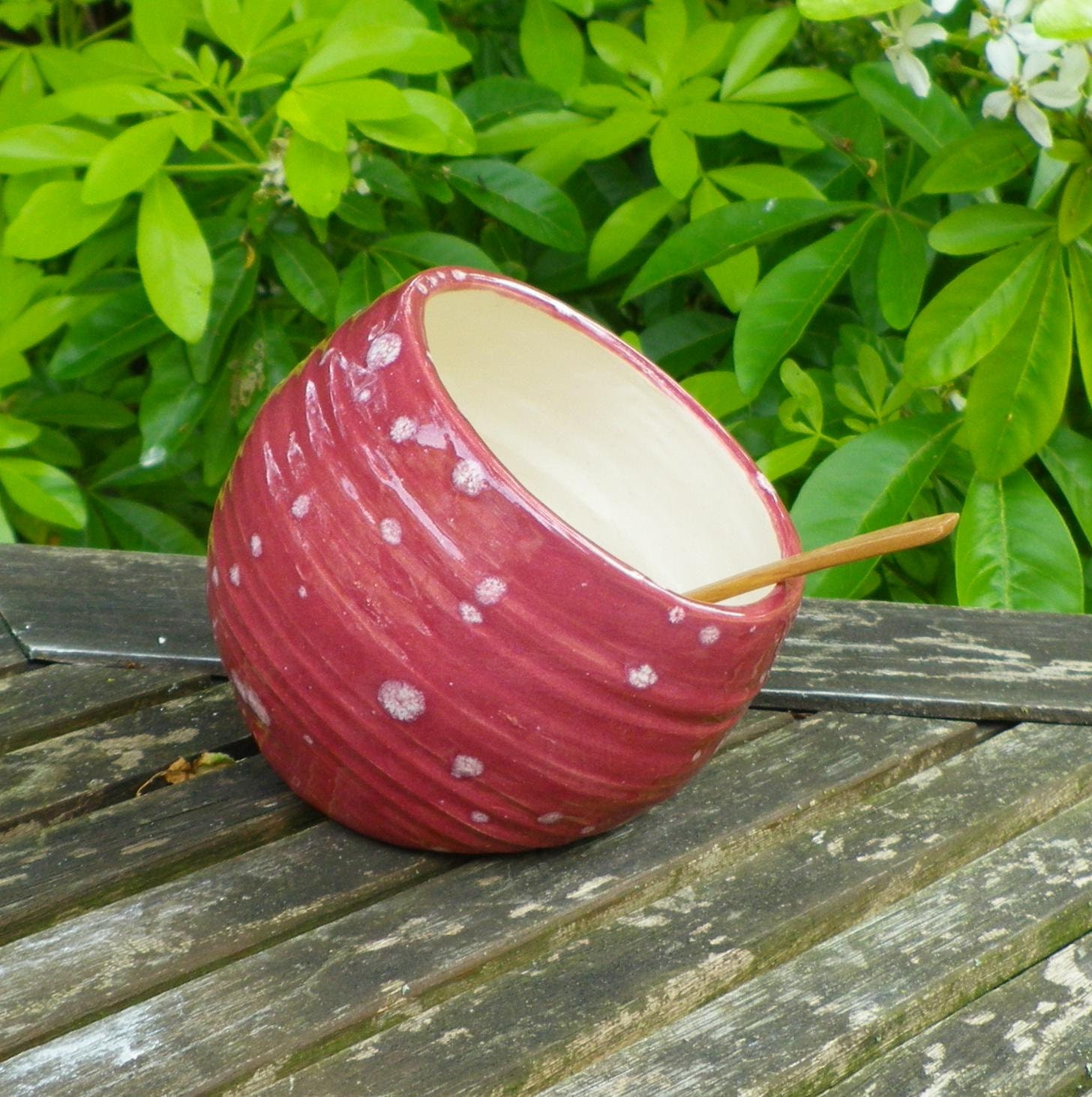 Salt pig salt cellar handthrown with an acacia wood spoon