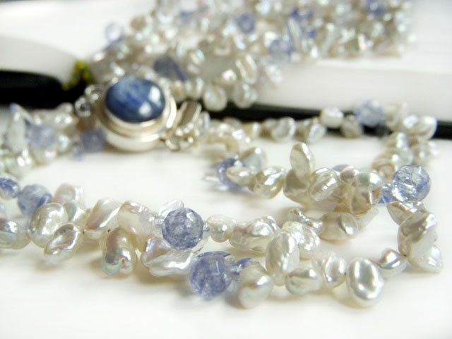 Multi Strand Pearl Necklace - Statement Keshi Pearl Necklace Kyanite Box  Clasp