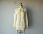 LAST CALL / vintage knit top / 1970s burnout  top /  70s string tie tunic  /  tie front blouse / smock top - size small , medium