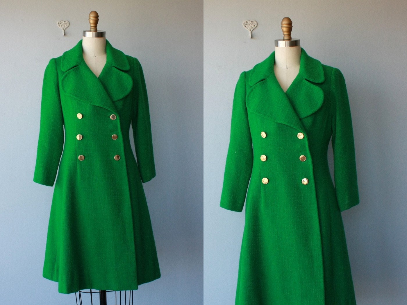 green coat / 1960s coat / 60s wool bouclè coat / double breasted a-line coat - size small