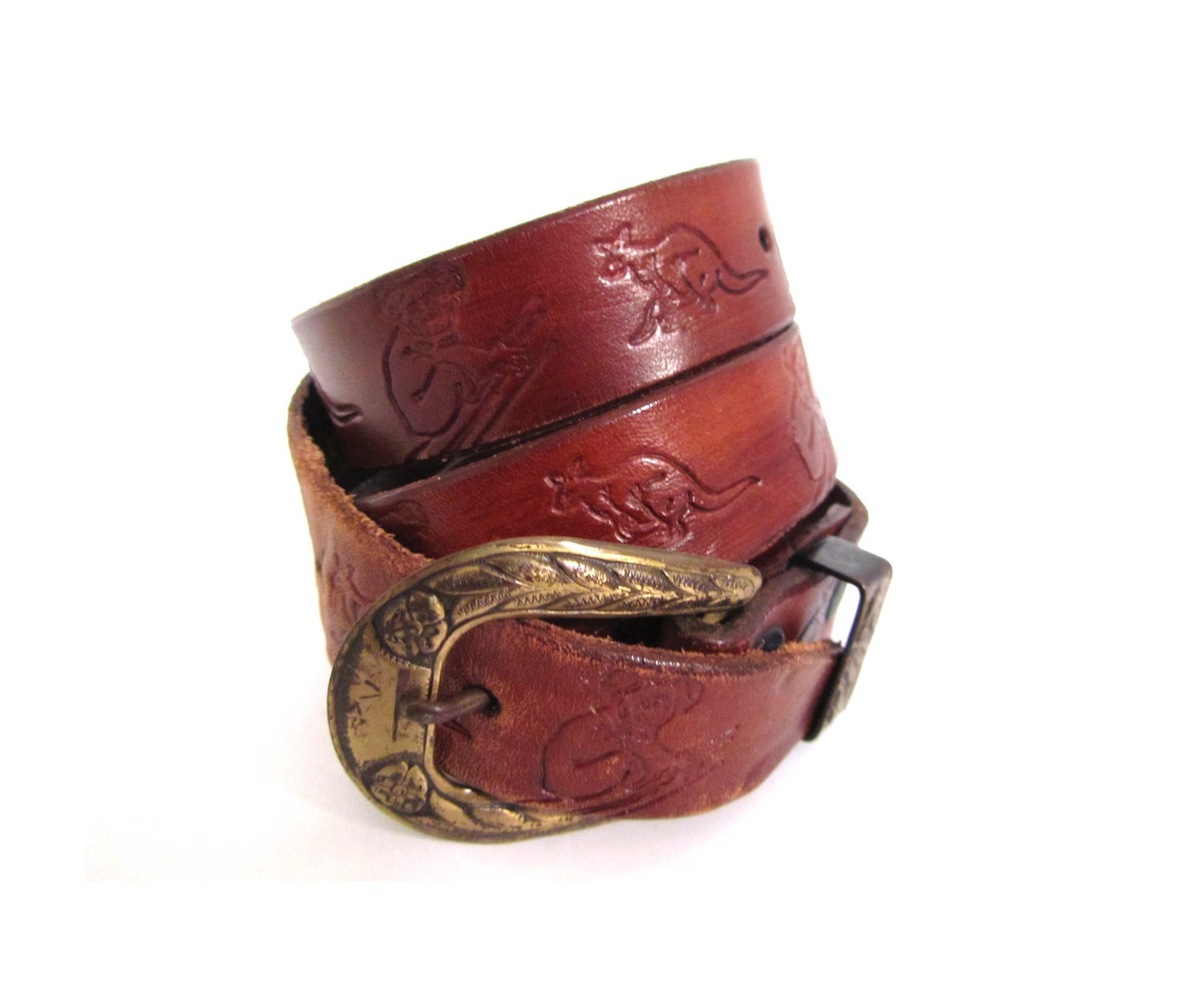 Vintage DOWN UNDER Cherrywood Brown Tooled Leather Kangaroo Belt l xl