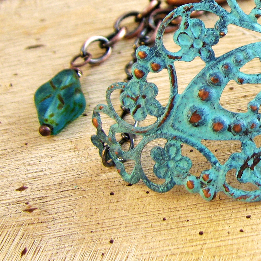 Turquoise Bracelet Large Blue Painted Filigree and Chain B614
