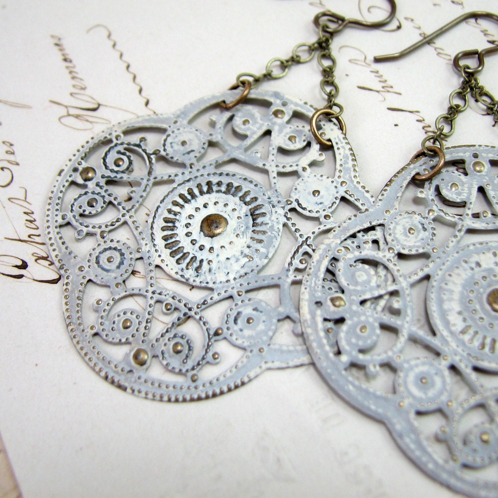 Shabby Gray Dangle Earrings Distressed Shabby Goodness French Vintage Spring White on White Sensitive Ears