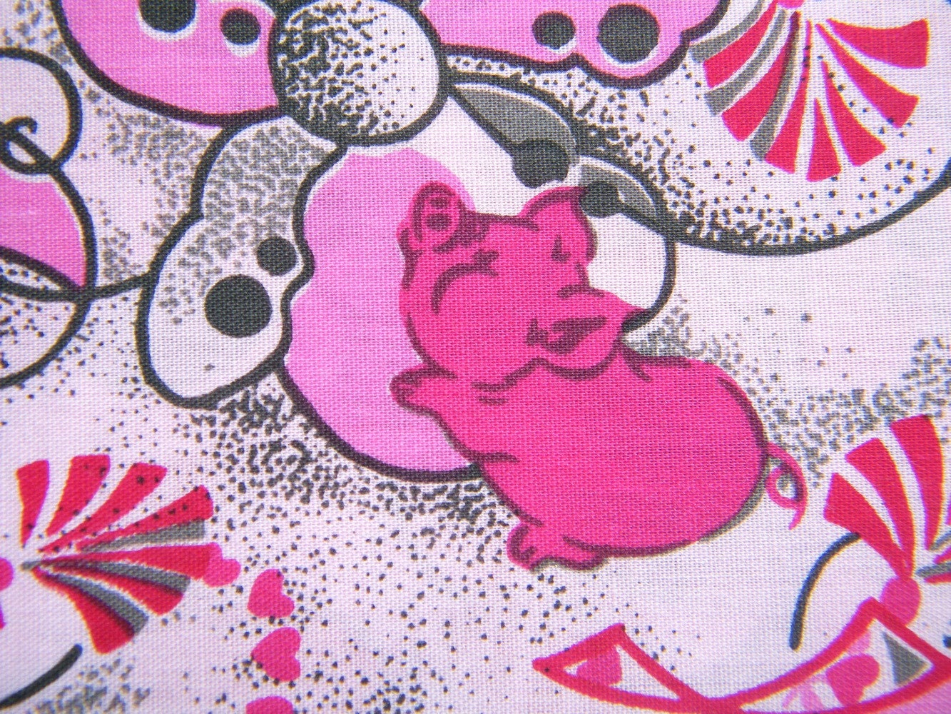 Half Yard Pigs In Love With Flowers Rare Hand Screened Cotton Fabric