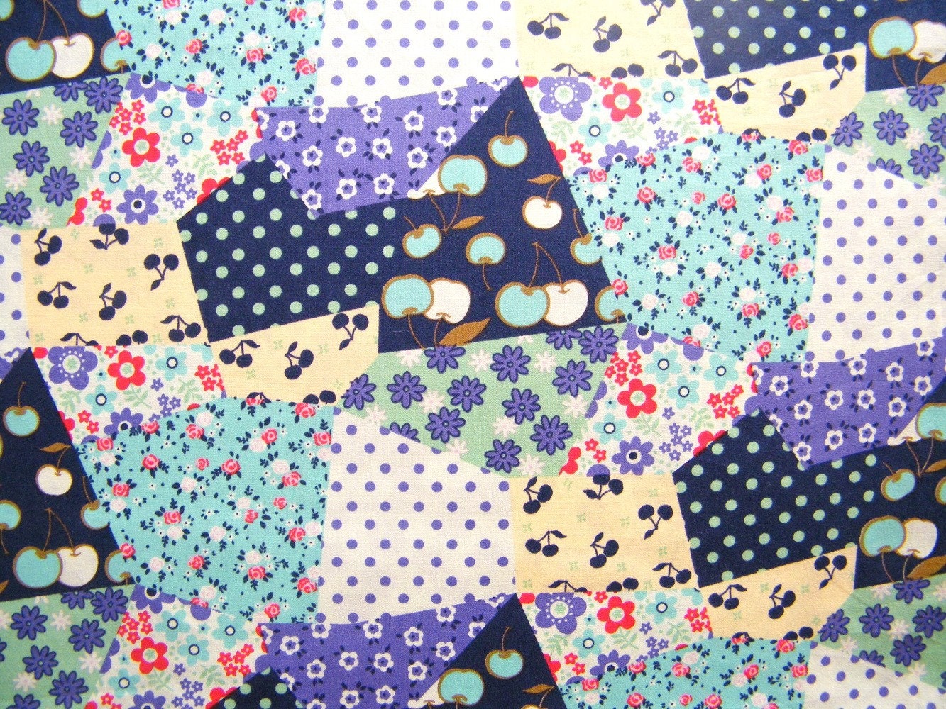 Half Yard Cherries And Florals Patchwork Cotton Fabric (Blue)