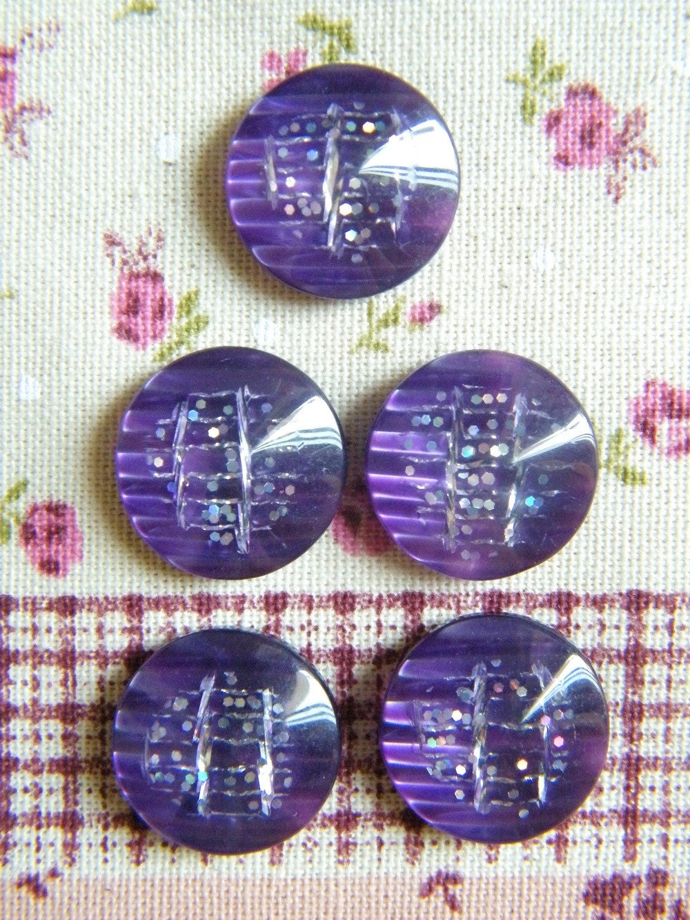 Retro Deep Purple With Silver Streaks And Glitter Buttons (Set Of 5)