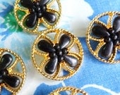 Retro 4-Petaled Black Floral With Gold Frame Buttons (Set Of 5)