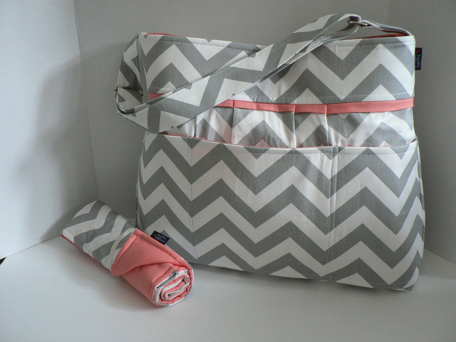 Monterey Diaper Bag Set - Grey Chevron Or Custom Design Your Own - Large 9 Pockets