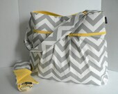 Monterey Chevron Diaper Bag Set - Large - Grey Chevron and Yellow - Adjustable Strap and Elastic Pockets