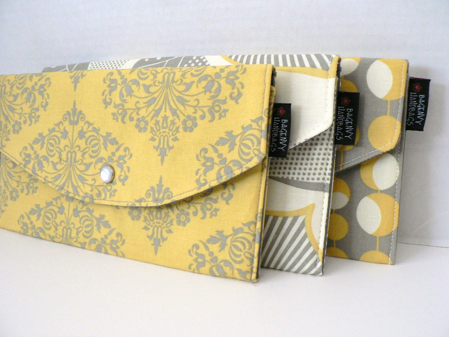 Set Of 3 Amy Butler Yellow and Grey - Bridesmaid Clutches