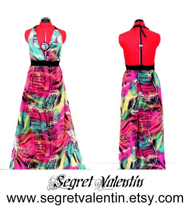 Tropical colored floor length bohemian halter sun dress READY TO SHIP