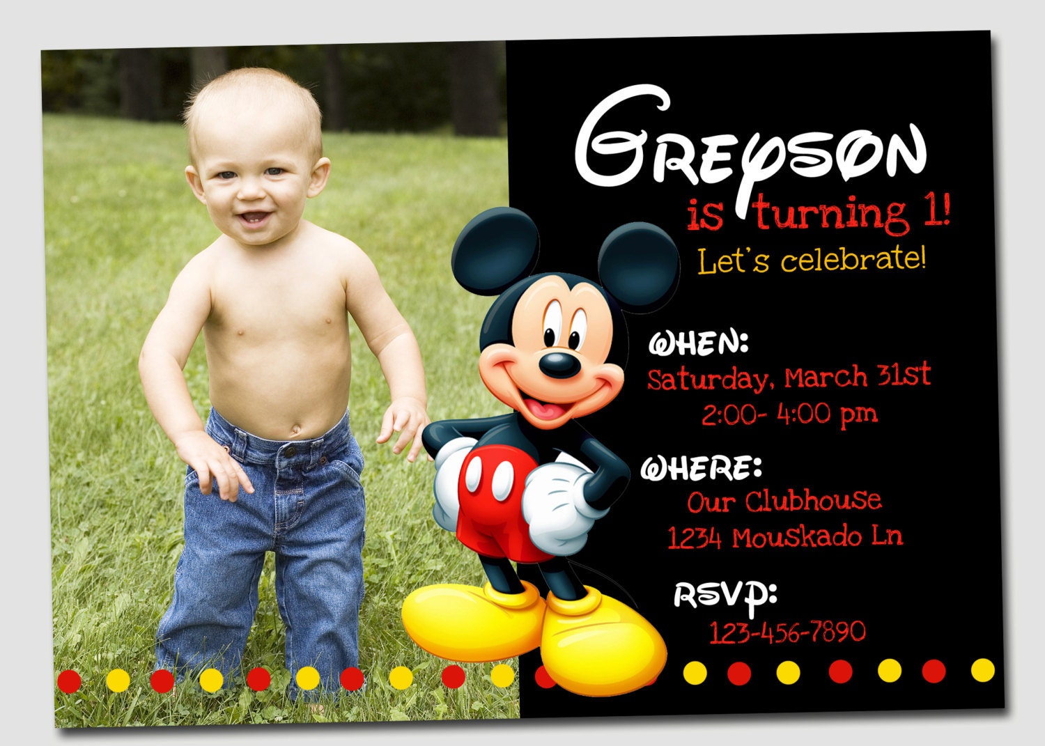 SALE-Adorable Mickey  Mouse Birthday Invitation