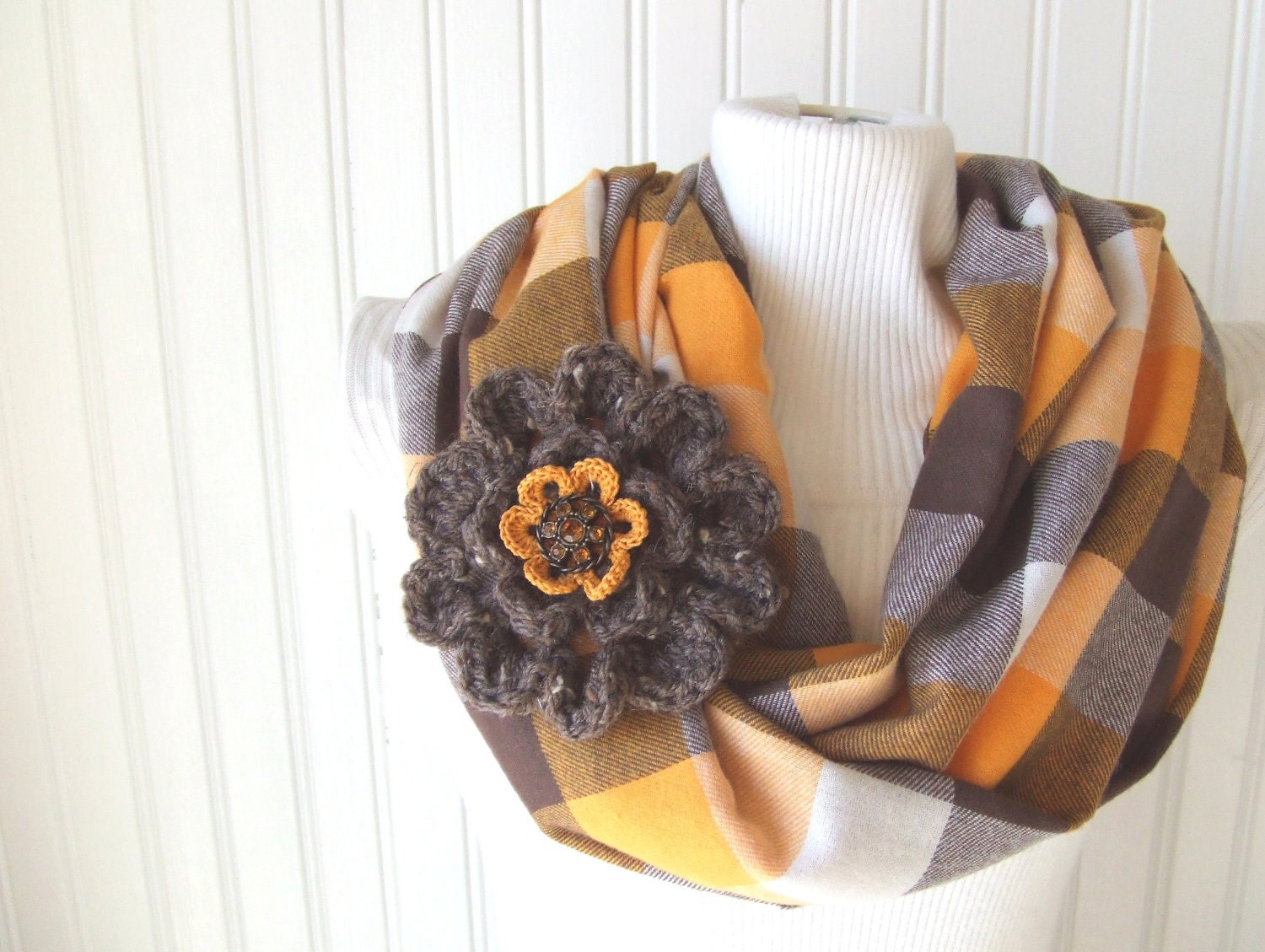 Plaid Infinity Scarf in Mustard and Clove with Flower Brooch...Last One