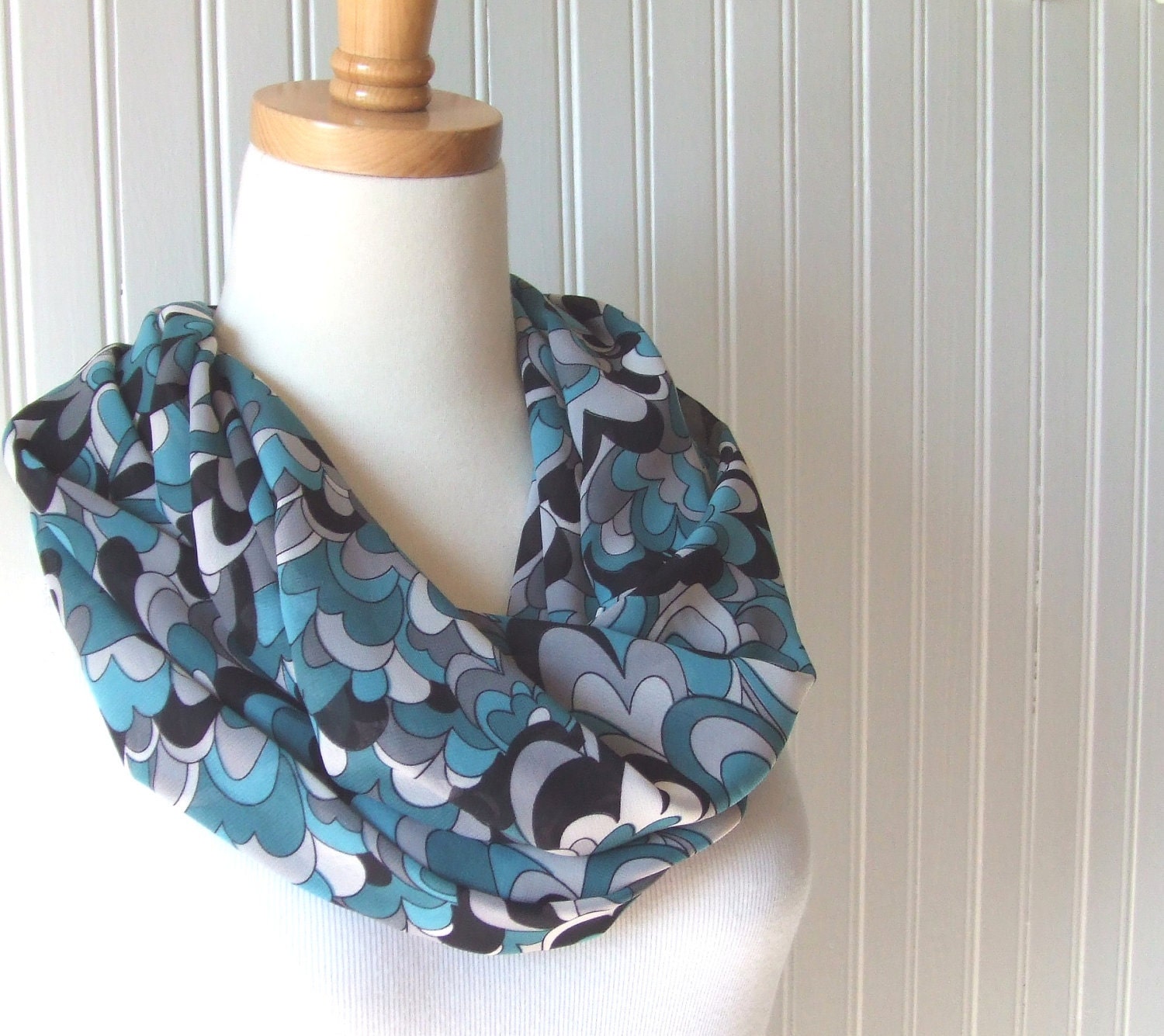 Chiffon Infinity Scarf - Cloudy Day in Teal Blue, Aqua and Black- New