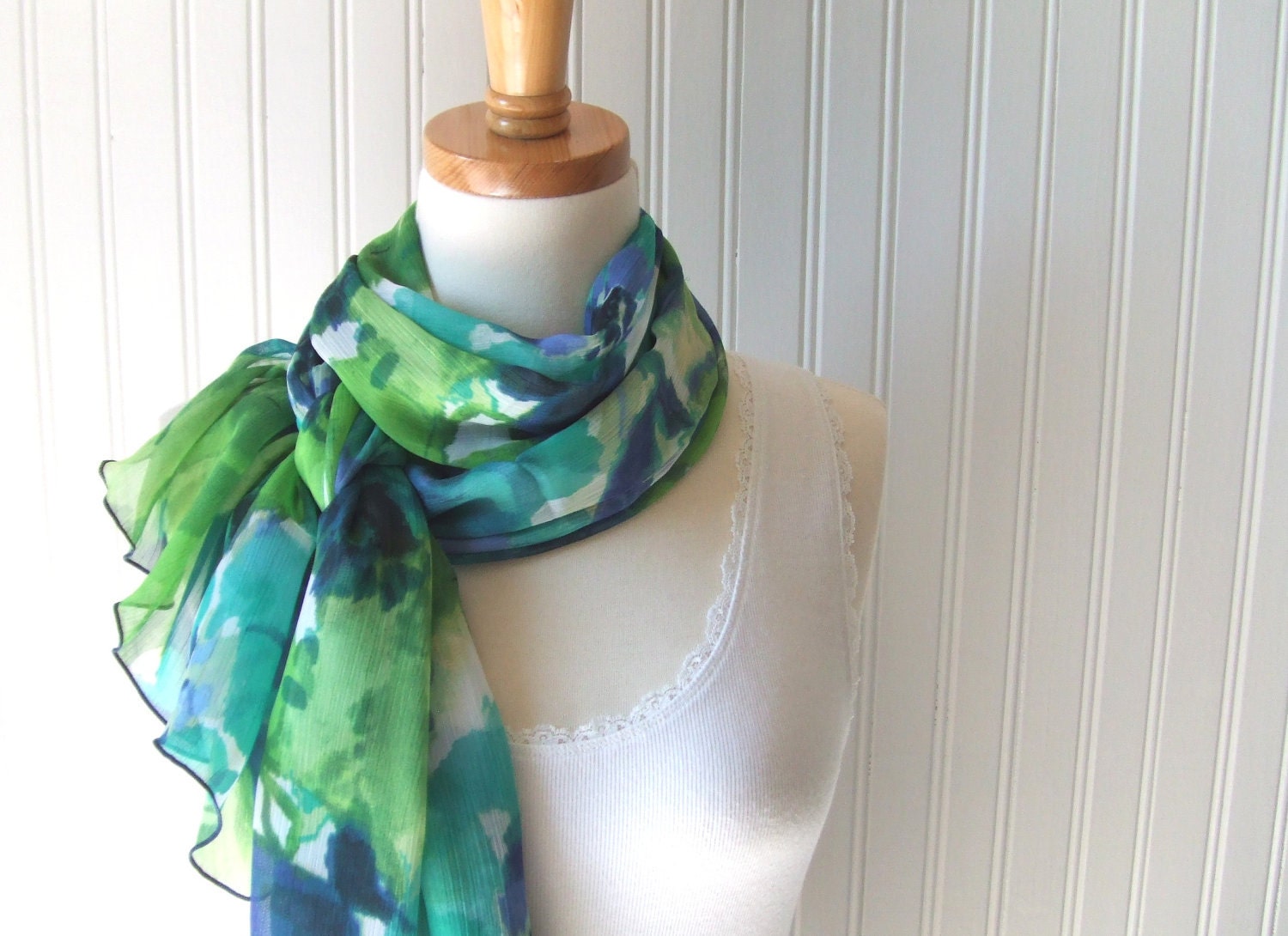 Watercolor Floral Sheer Scarf - Aqua Blue, Green, Blue Flowers Chiffon Spring and Summer Scarf