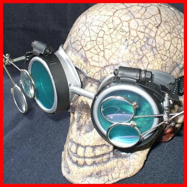 Steampunk Goggles Glasses AVIATOR magnifying lens loops---SG-----Time Travel Crazy Scientist's Oculo-Vision Tool