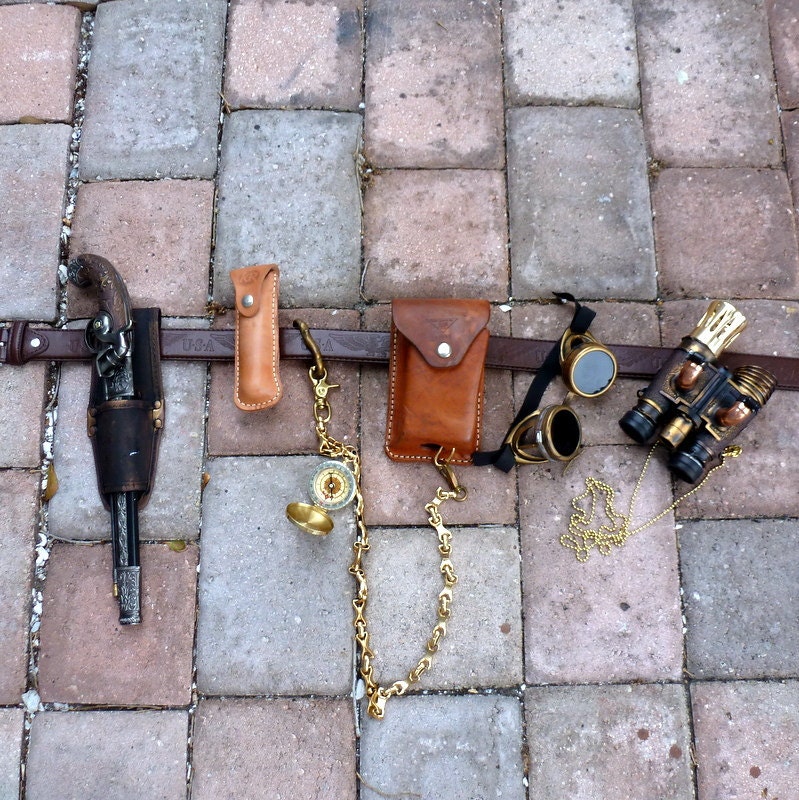 Steampunk goggles gothic Gun Holster BELT  KNIFE Apocalyptic Pirate flintlock purse  binocular compass----- LIMITED 2
