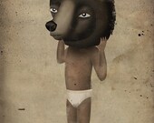 Boy In The Bear Mask Mixed Media Collage on Canvas 6x8 inches SIGNED