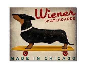 FREE SHIPPING Made To Order Wiener Dog Dachshund Skateboards  - 8X10 inch Archival Giclee Print Signed