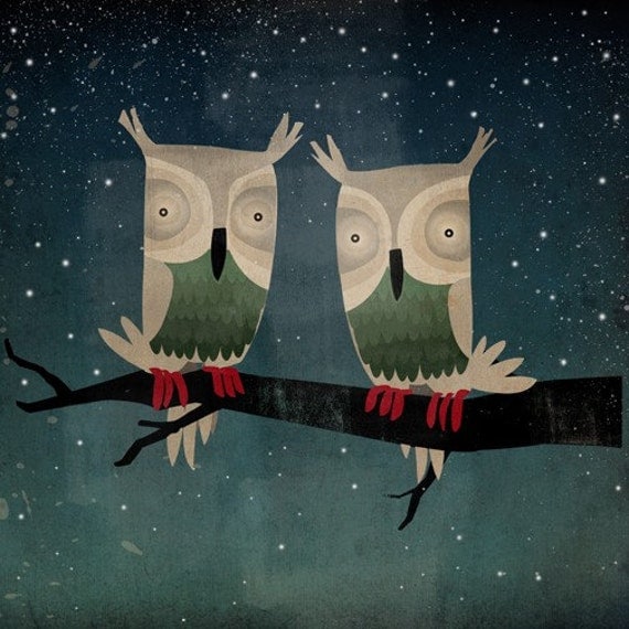 Owls In Love Starry Night OWLS 12 x 12 inch Giclee Print SIGNED