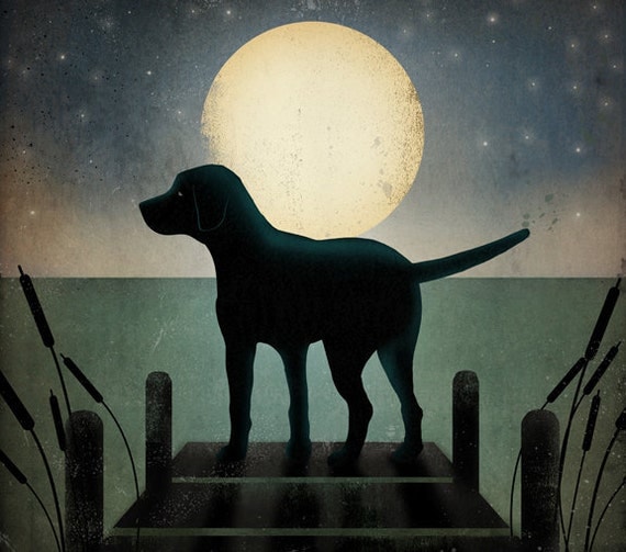 Moonrise Dock Dog Graphic Art Illustration Giclee Print 11x14 inches Signed
