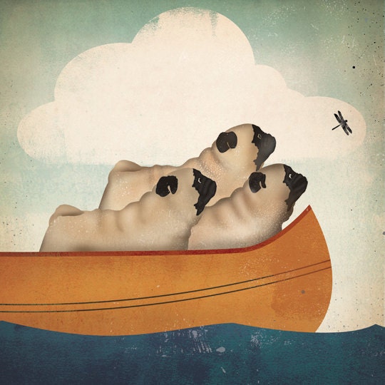 THREE PUG Canoe Ride 12x12x1.5 Gallery Wrapped Canvas Wall Art - Ready-to-Hang Canvas SIGNED